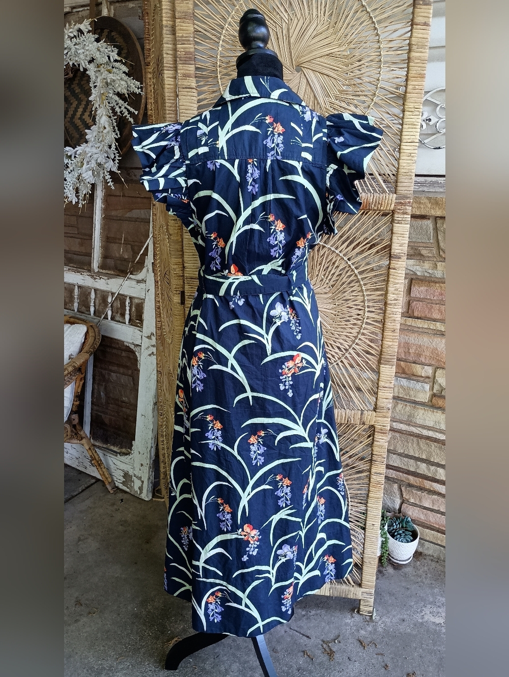 Maeve Anthropologie 100% Cotton Navy Floral Belted Maxi Dress_XS - Picture 9 of 11
